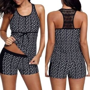Polka Dot Lace Trim Racerback Boyshort Tankini Set